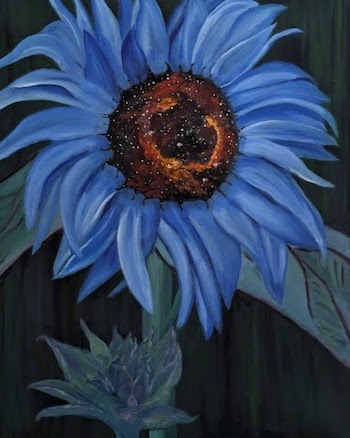 An oil painting ofr a big blue sunflower. The center of the flower is a nebula, with orange and yellow highlights on the black of space.